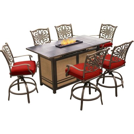 HANOVER Hanover TRAD7PCFPBR-RED Traditions 7 Piece High-Dining Set in Red & Bronze with 30;000 BTU Fire Pit Table TRAD7PCFPBR-RED